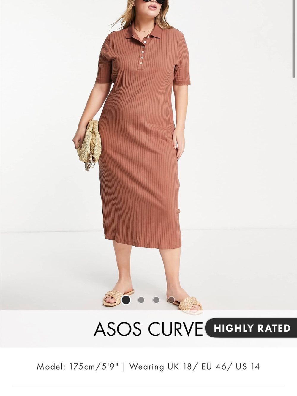 ASOS Curve Polo Ribbed Midi Dress in Rust Brown